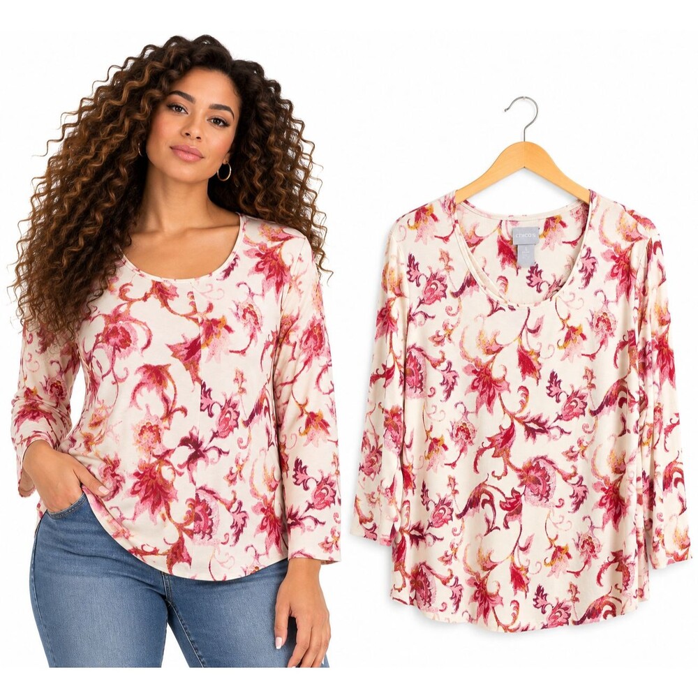 Chicos Soft Jersey Knit Tunic Top Size Large Pink Botanical Print Stretch